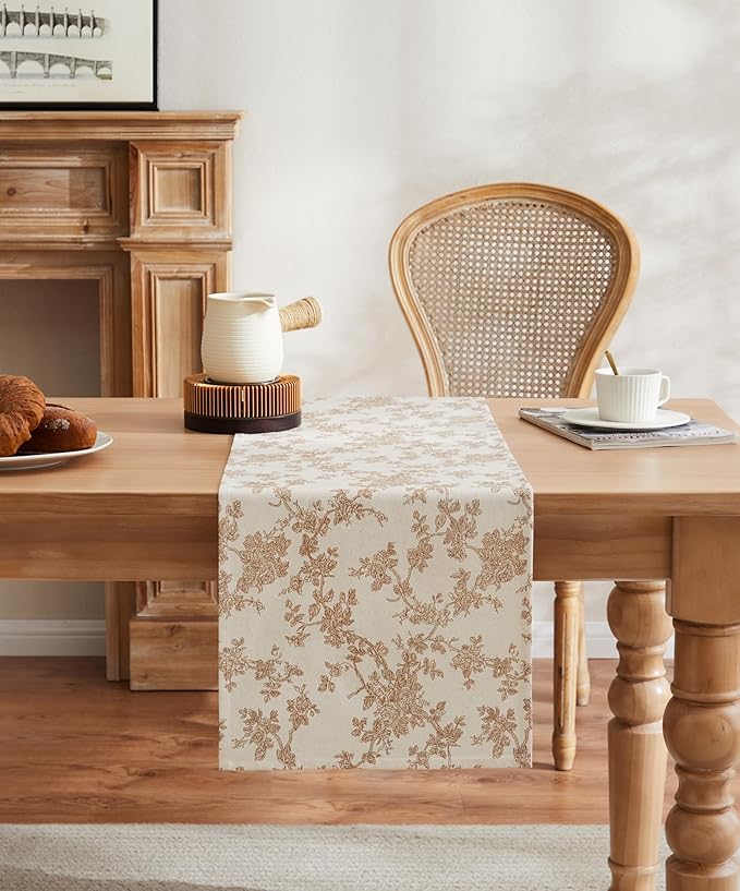 100% Cotton French Pastoral Table Runners, 13x90 Inch Brown Farmhouse Table Runners 90 Inches Long, Vintage Flowers Print Home Decors