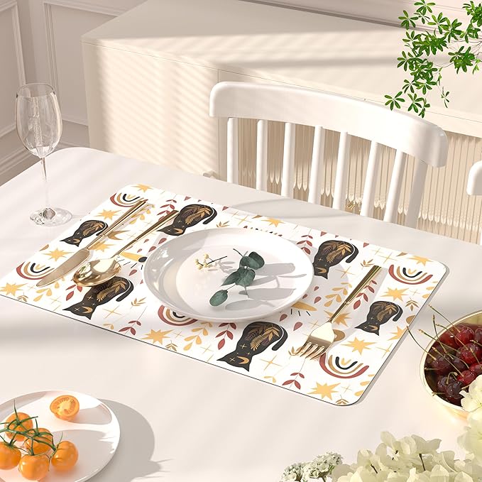 QIYI Placemats Set of 6, 12x18 Inch PU Leather Place Mats for Kitchen Dinning, Heat Resistant Anti Slip Folk Table Mats, Waterproof Wipeable Washable Placemat Party Table Décor, Boho Black Cats