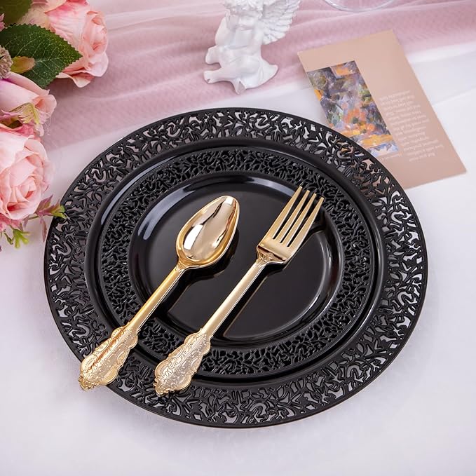 U-QE 150PCS Black Plastic Plates with Gold Plastic Silverware, Black New Years Plates Disposable for Party Include 30 Dinner Plates 10.25", 30 Salad Plates7.5", 30 Forks, 30 Knives, 30 Spoons