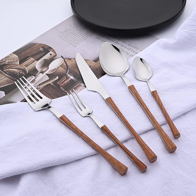 20 Piece Stainless Steel Cutlery Flatware Set, Mirror Polished Silverware Set with Wood Grain Handle, Kitchen Utensil Sets for 4, Tableware With Knife Spoons And Forks Set (Brown Silver)