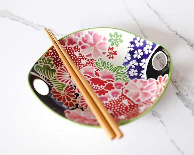 Ebros Pink Sakura Cherry Floral Blossoms Appetizer Snack Serving Coupe Plate Dish With Chopsticks And Built In Rest Set 7"L Small Flat Bowl For Hors D'oeuvres Sushi Ice Cream Serveware Plates (1)