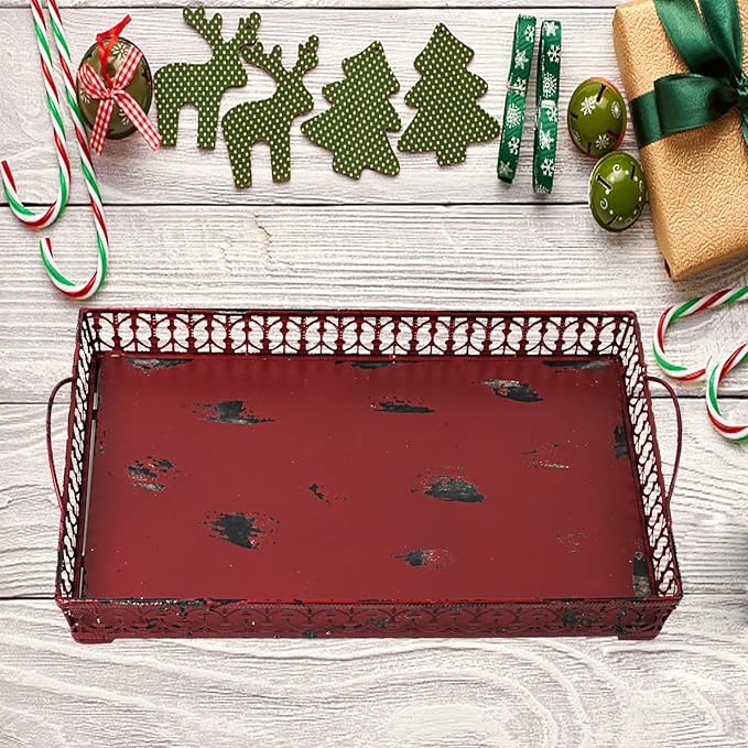 Morning View Metal Serving Trays with Handles for Eating Food Decorative Vintage Food Tray Burgundy
