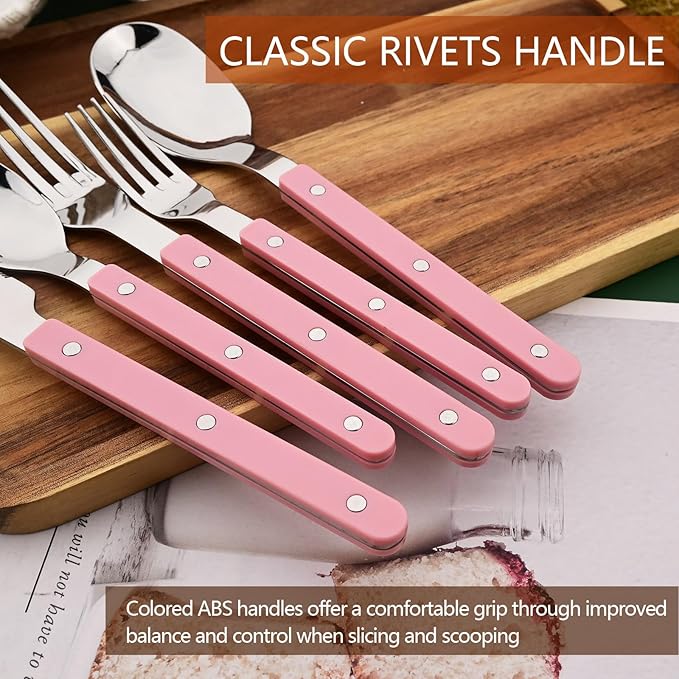 20 PCS Stainless Steel Flatware Set for 4, Silverware Set with Colored Handles, Retro Style Forks Spoons and Knives Set, Vintage Eating Utensils, Pink Acrylic Handle with Rivets Design