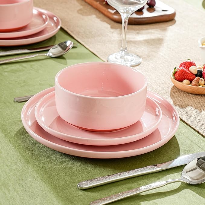 Plates and Bowls Sets, 6Piece Ceramic Dinnerware Set for Family and Gatherings,Dishes Set for 2,Dishwasher & Microwave Safe, Handcrafted Dishware Sets，Elegant Pink