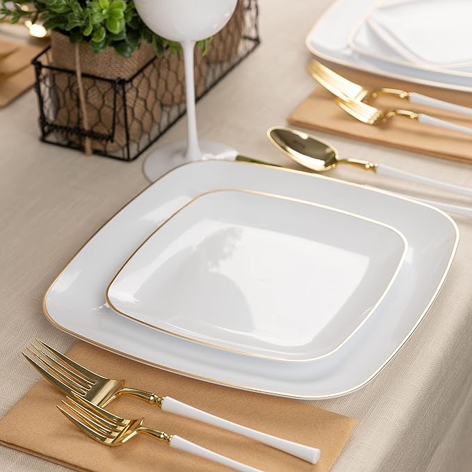 PLASTICPRO Square 128 Piece Combo Plates Set includes 64 x 7'' inch Plates & 64 x 10'' inch Dinner Plates White Plastic Gold Rim Design Party Plates, Premium heavyweight Elegant, Dishes,