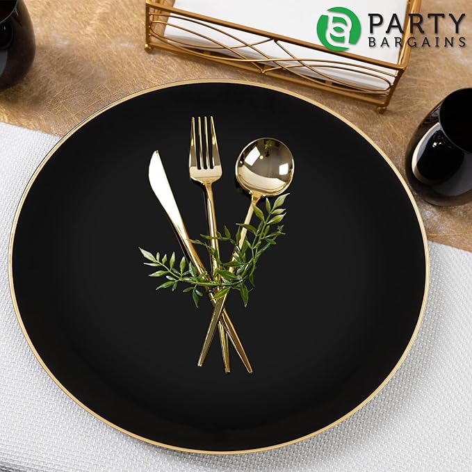 PARTY BARGAINS 13-Inch Charger Plates - 48 Pack, Organic Collection Black Gold Rim, Heavy-Duty Disposable Chargers for Elegant Dining - Ideal for Weddings and Formal Events
