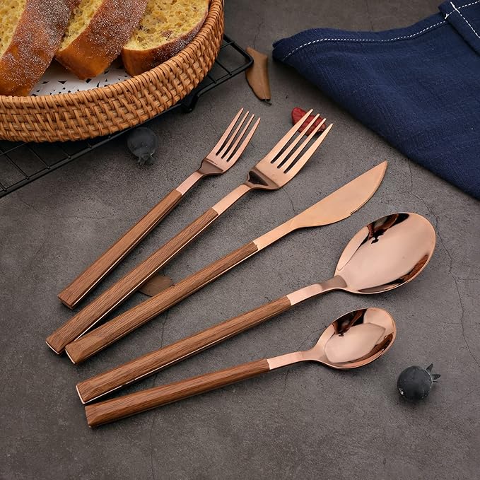 Korean Style Wood Flatware Stainless Steel Fork/Spoon/Knife/Teaspoon with Wooden Square Handle Cutlery Set of 4 Dinnerware for Home, Kitchen, Restaurant, Gift - Rose Gold