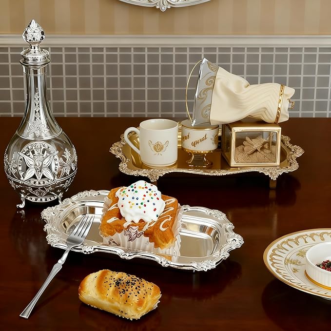 KUMGROT Small Fancy Serving Tray Tea Coffee Silver Tray Vintage Jewelry Organizer Elegant Dessert Platter Candy Table Supplies for Birthday Party Wedding Silver, 7.87"x4.84"