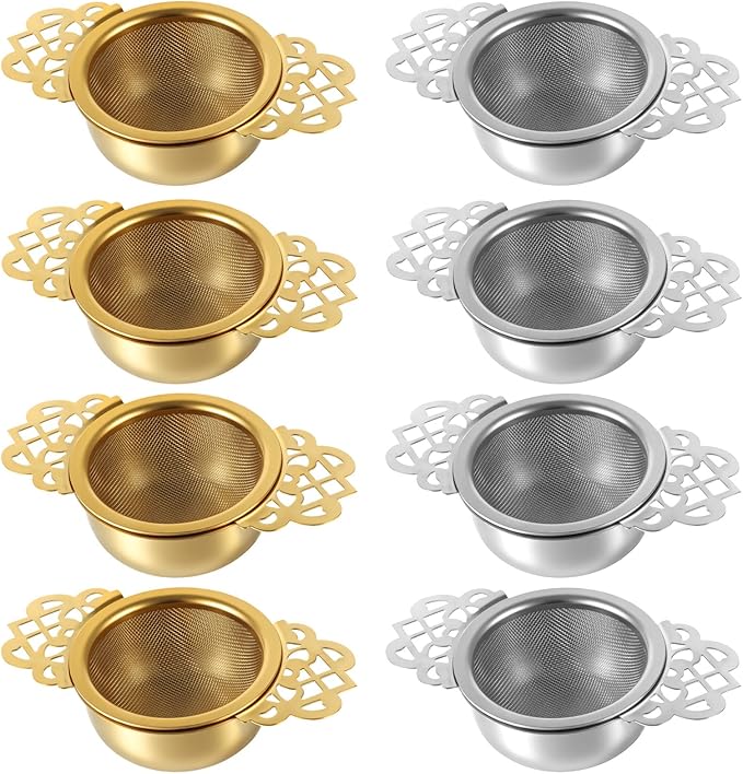 8 Pack Tea Strainer Bowl, 304 Stainless Steel Tea Drain Strainer Tea Filter Mesh Tea Drip Bowls Teapot Strainers With Petal Handles Tea Divider for 2.5-4 Inch Cup Mouth (silver, gold)