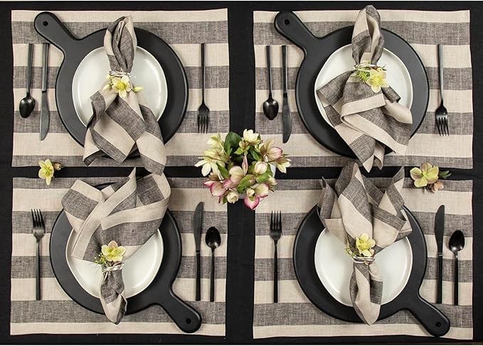 Solino Home Linen Placemats Set of 4 - Cabana Stripe Black and Natural Placemats 14 x 19 Inch - 100% Pure Linen Place Mats for Winter, Holiday