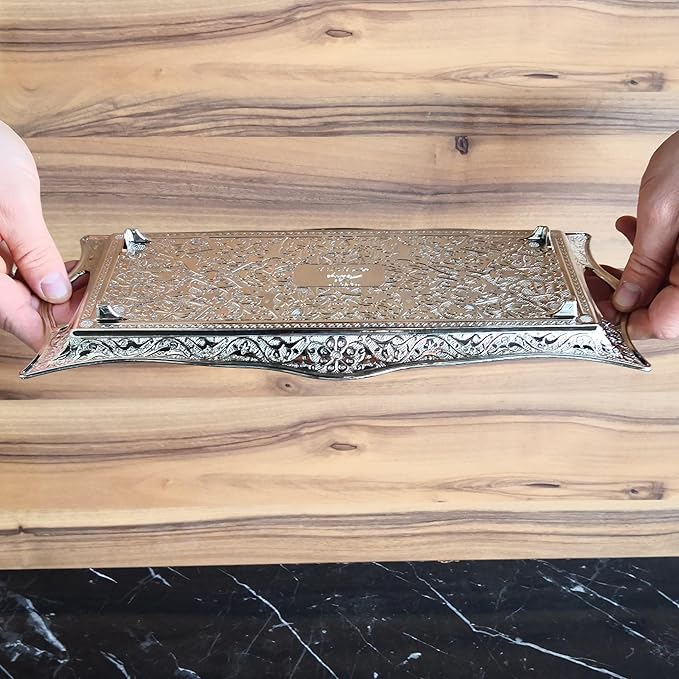 Metal Serving Tray with Raised Edges, Vintage Design Tray, Rectangular Metal Serving Tray, Decorative Serving Platter, Turkish Ottoman Coffee Tea Beverage Serving Square Tray (Silver)