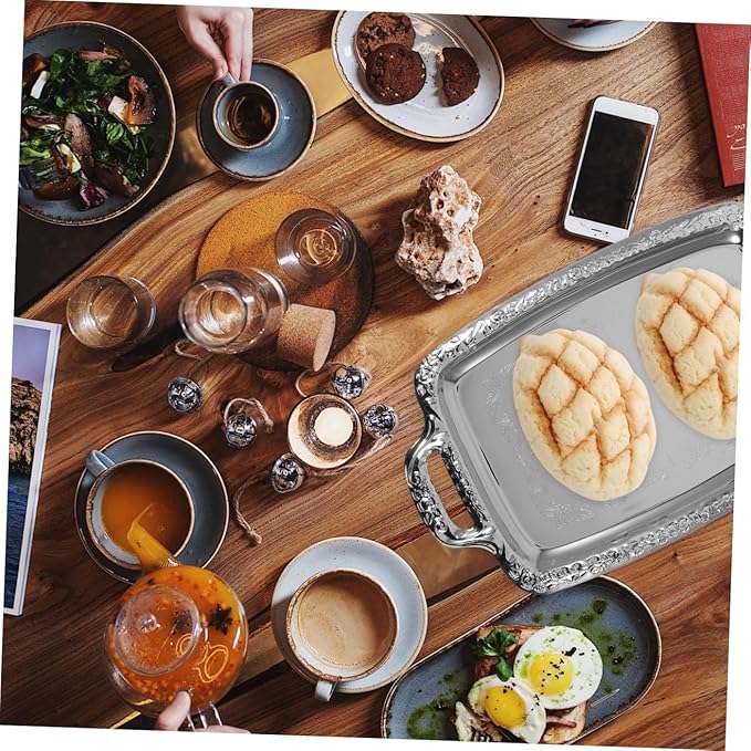 Angoily Metal Kitchen Tray Multi-Purpose Serving Tray Silver Rectangular for Dining Room Tableware Food Storage 15. 35 X 9. 05 Inch