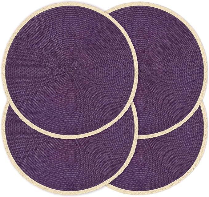 Noctiflorous Round Placemats Set of 4, 15 Inch Braided Hand Woven Table Mats, Heat Resistant Non-Slip Wipeable Thin Edge Place Mats for Kitchen Dining Indoor Outdoor Use(Purple, 4)