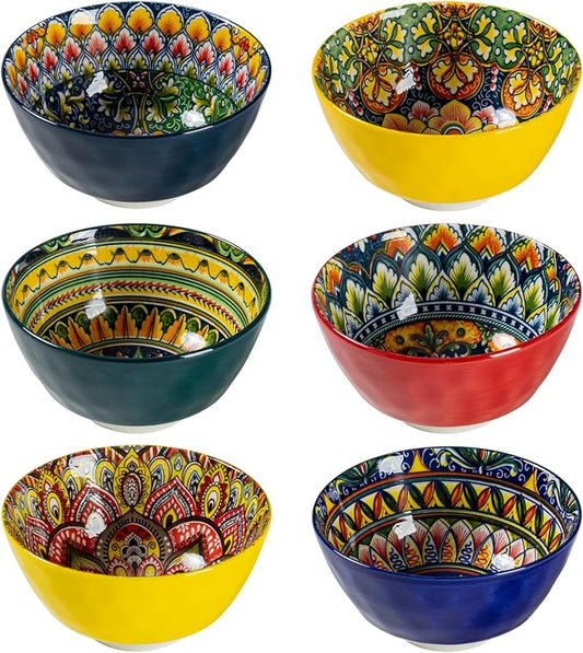 Henten Home Small Dessert Bowls Set of 6, Ceramic 12 oz Rice Bowls Set, Porcelain Colorful Serving Bowls for Snack, Ice Cream, Salad, Bohemia Style, Microwave & Dishwasher Safe