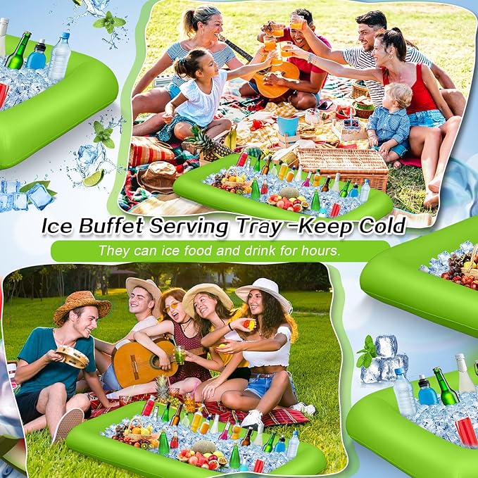 Leitee 3 Pcs Inflatable Serving Bar 52 x 24 x 5'' Ice Buffet Serving Tray Drink Cooler with Drain Plug Inflatable Pool Bar for Party Food Drink Holders with a Hand Pump(Green)