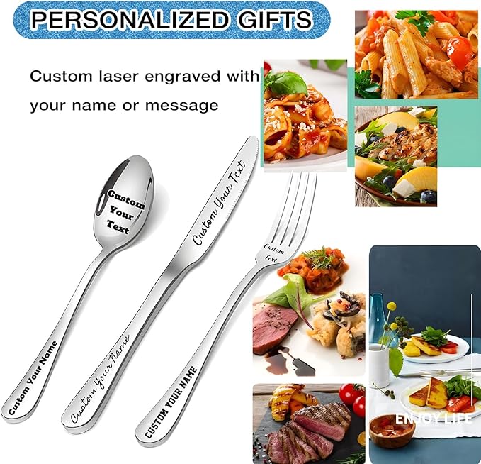 [ 3 Pack ] Custom Flatware Set, Personalized Engraving Name Text Dinner Fork/Knife/Spoon Stainless Steel Reusable Tableware, Customized Birthday Christmas Gift for New Home Party Favors Wedding