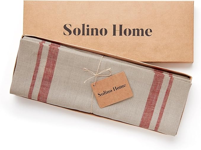 Solino Home Linen Placemats Set of 4 - French Stripe Red and Natural Placemats 14 x 19 Inch - 100% Pure Linen Table Mats for Christmas, New Year