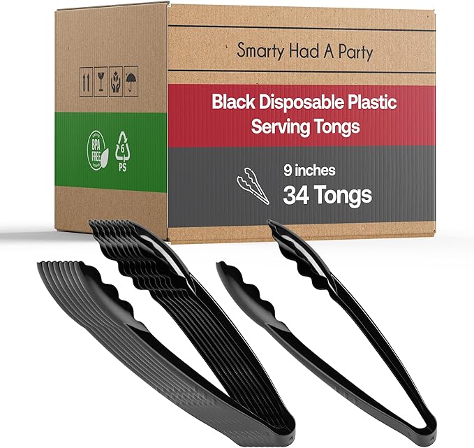 Disposable Plastic Serving Cutlery, Flatware Set, Dinnerware for Wedding, Birthday Party & Other Occasions (Black, 9" Tongs (34 Tongs))