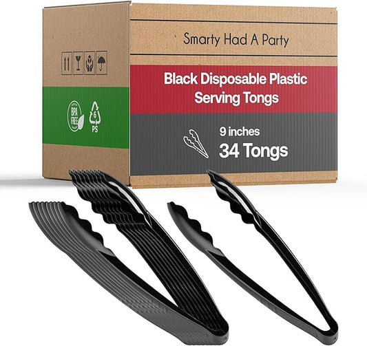Disposable Plastic Serving Cutlery, Flatware Set, Dinnerware for Wedding, Birthday Party & Other Occasions (Black, 9" Tongs (34 Tongs))
