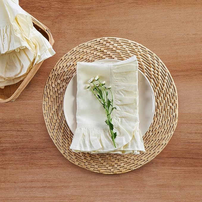 Solino Home Linen Ruffle Cloth Napkins Set of 4-100% Pure Linen Ivory Dinner Napkins 20 x 20 Inch for Christmas, New Year - Gabrielle Ruffle, Handcrafted and Machine Washable