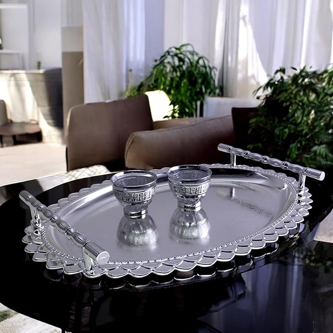 14.6 inch x 11 inch Oval Chrome Plated Silver Serving Tray with Handles Stylish Design Floral Plant Engraved Edge Party Birthday Dessert Buffet Platter Plate FST-084