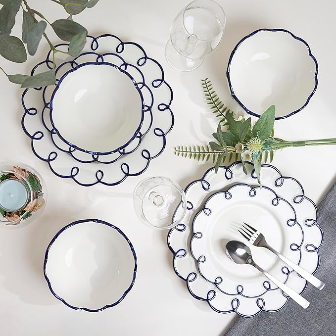 Sango 12-Piece Earthenware Dinnerware Set for 4, Glossy White Plates and Bowls Sets with Navy Scalloped Rims, Premium Dish Set, Holiday Dishes for Gifting & Hosting Christmas Party, Splash of Cheers