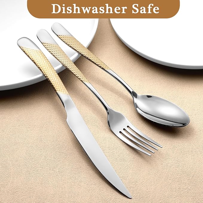 24 Piece Gold Hammered Silverware Set for 6, Premium Food-grade Stainless Steel Flatware Set, Luxury Design & Mirror Polished Cutlery Set, Eating Utensil Set with Fork Knife Spoon, Dishwasher Safe