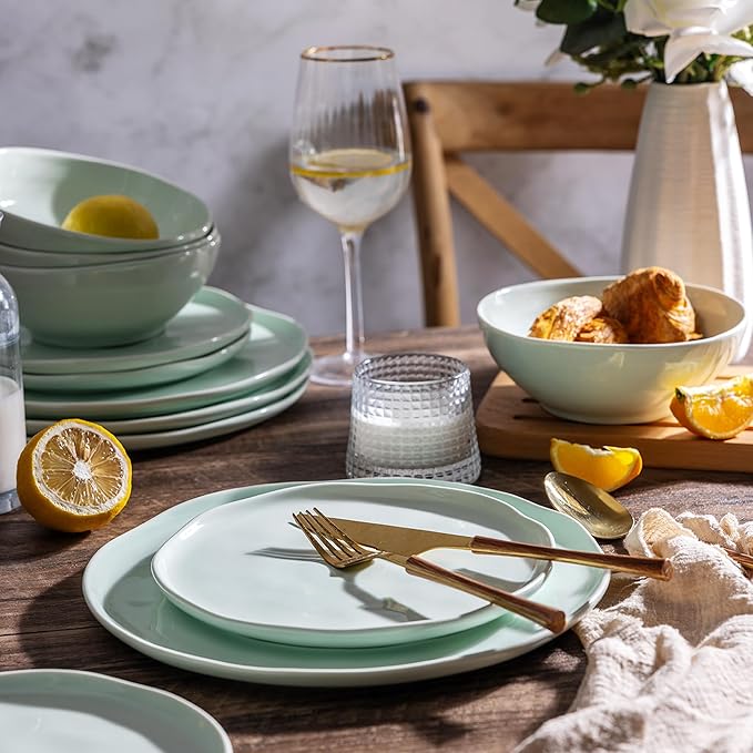 LERATIO Ceramic Dinnerware Sets for 4,Porcelain Plates and Bowls Sets with Wavy Edge,Microwave & Dishwasher & Oven Safe,Light Weight & Scratch Resistant Dishes Sets-Service for 4 (12pcs)-Light Green