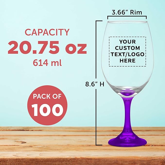 Custom Rioja Grand Wine Glasses 20.75 oz. Set of 100, Personalized Bulk Pack - Perfect for Hotel, Bar, Restaurant or Lounge - Purple
