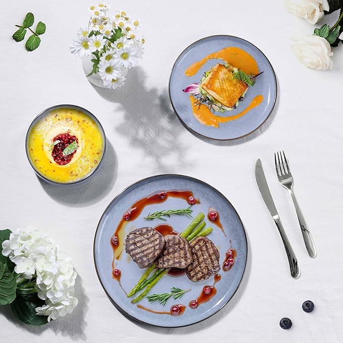 Herogo 24-Piece Stoneware Dinnerware Sets for 8, Stackable Dinner Plates and Bowls Sets, Double Reactive Glaze Dishware Place Setting for Kitchen, Scratch Resistant, Microwave Safe, Haze Blue