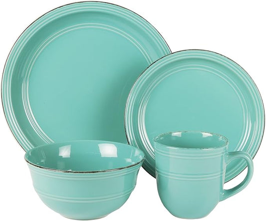 American Atelier Round Dinnerware Sets | Aqua Blue Kitchen Plates, Bowls, and Mugs | 16 Piece Stoneware Madelyn Collection | Dishwasher & Microwave Safe | Service for 4