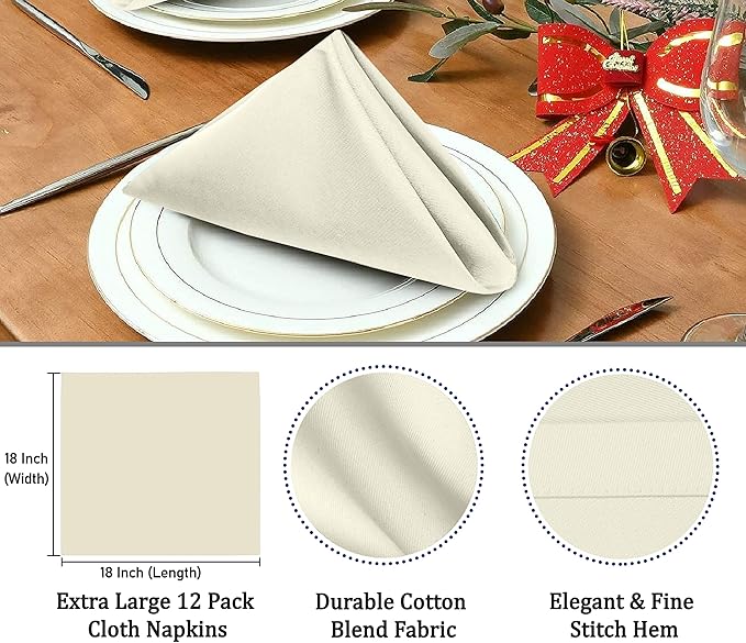 Ruvanti Cloth Napkins Set of 4, 18x18 Inches Napkins Cloth Washable, Soft, Durable, Absorbent, Cotton Blend. Table Dinner Napkins Cloth for Hotel, Lunch, Restaurant, Wedding Parties - Ivory