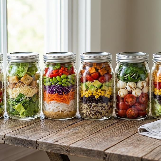 novelinks 32 oz Clear Plastic Jars with Lids, 6 Pack Large Plastic Mason Jars with Lids 32oz, Reusable Quart Containers for Kitchen Organization (6 Pack,Silver)