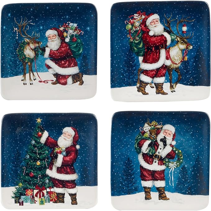 Certified International Santa’s Secret Set of 4 Ceramic Canape Plates – Perfect for hors d’oeuvres or desserts, these small plates feature Santa’s festive magic in timeless holiday style 6"