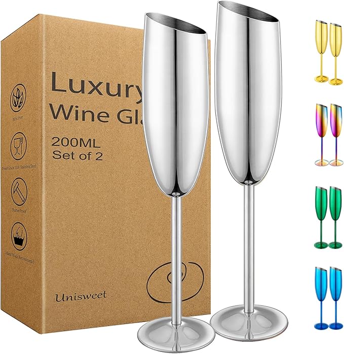 Champagne Flutes Set of 2, Premiumty Stainless Steel High Footed Champagne Glasses, 7oz Capacity,Unbreakable Slanted Champagne Glasses