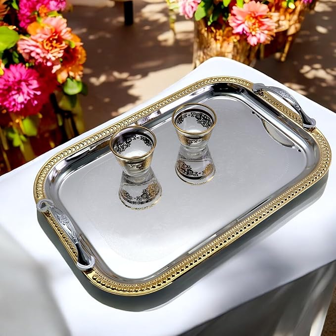 13.8 inch x 9.4 inch Oblong Chrome Plated Mirror Silver Serving Tray with Handles Stylish Design Floral Engraved Iron Gold Edge Decorative Party Birthday Buffet Platter Plate FST-023