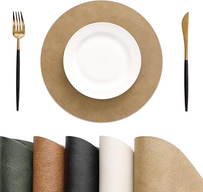 MOSAYT 13 Inch Round Vinyl Placemats Set of 4 - Faux Leather 100% Waterproof Oil-Proof Wipeable PU Place Mats, Heat Resistant Reversible Table Mats for Kitchen, Dining, Outdoor (Camel)