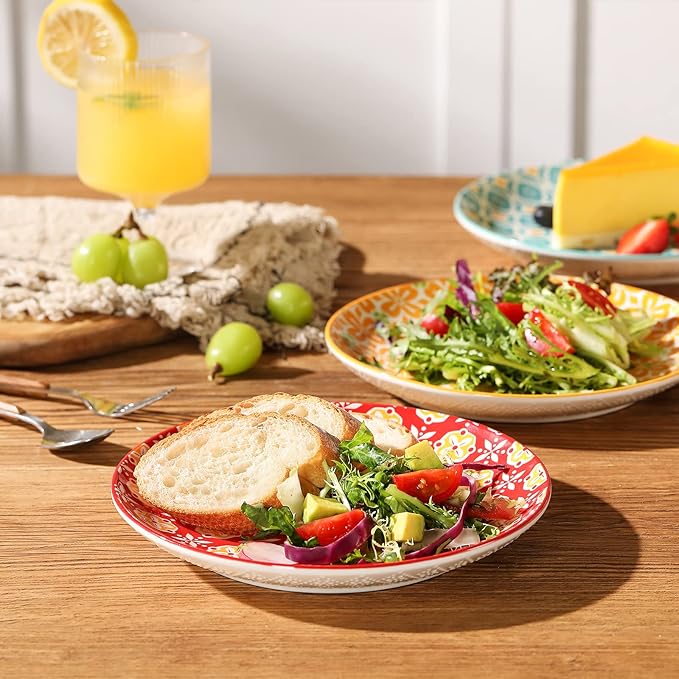 Salad Plates, Dessert Plates 8 Inch, Colorful Ceramic Plate Set for Pasta, Pancakes, Steak, Set of 6, Dishwasher & Microwave Safe