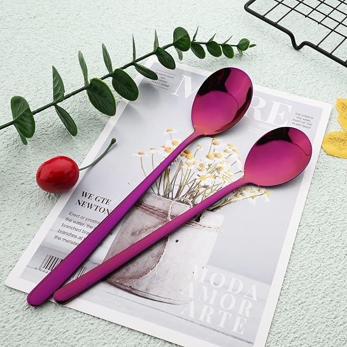 30pcs Korean Style Silverware Set Reusable Metal SUS304 Stainless Steel Fork Spoon Set Metal Portable Flatware Set Utensils Dishwasher Safe Mirror - Purple