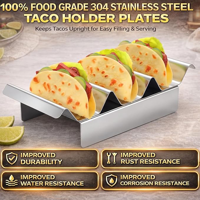 4 Pcs 304 Stainless Taco Holder Bar with Base Taco Stands for 3 Tacos Metal Trays Easy to Clean, Dishwasher Safe, Hot Dog Prep Tray