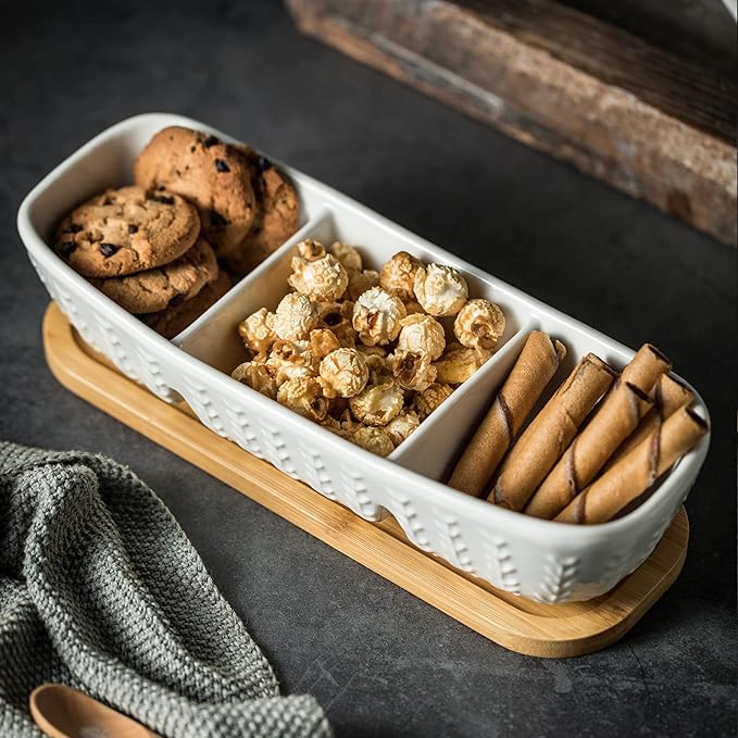 3 Compartment Condiment Tray, Chip and Dip Bowl with Wooden Serving Tray, Perfect for Snacks, Appetizers, Charcuterie, Chips, Candy, 10-inch Chip and Dip Serving Set for Parties