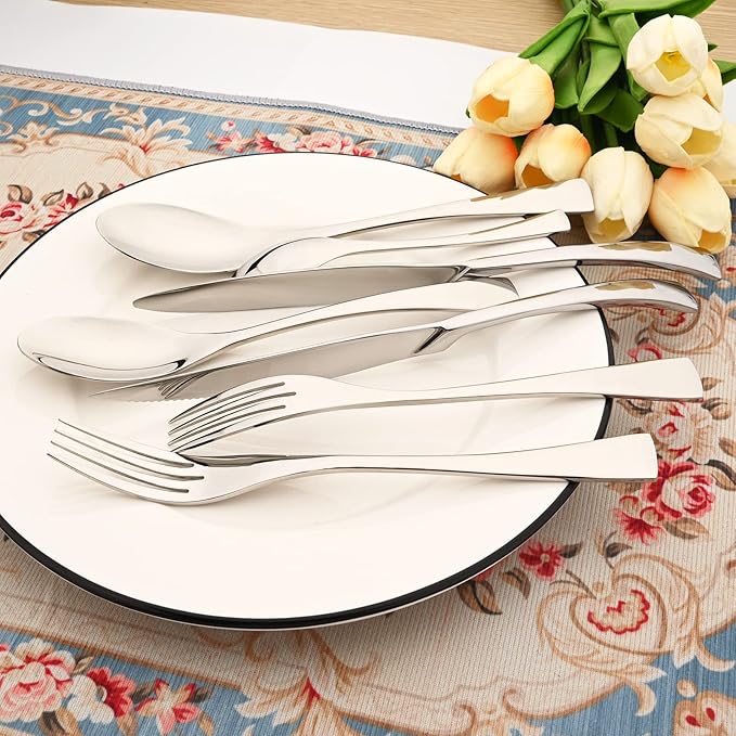 24-Piece 304 Silverware Set, Mirror Polish Serving Flatware Cutlery Set Include Steak Knife Fork Spoon, Wedding Kitchen Restaurant Utensils Daily Use, Service For 4, Silver