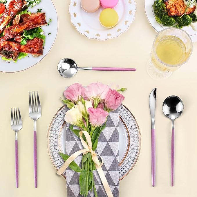 20-Piece Silverware Set With Pink Handle,LAZAHOME Stainless Steel Cutlery Set Service for 4,Kitchen Utensils Set Included Knife Spoon and Fork Set- Mirror Polished & Dishwasher Safe