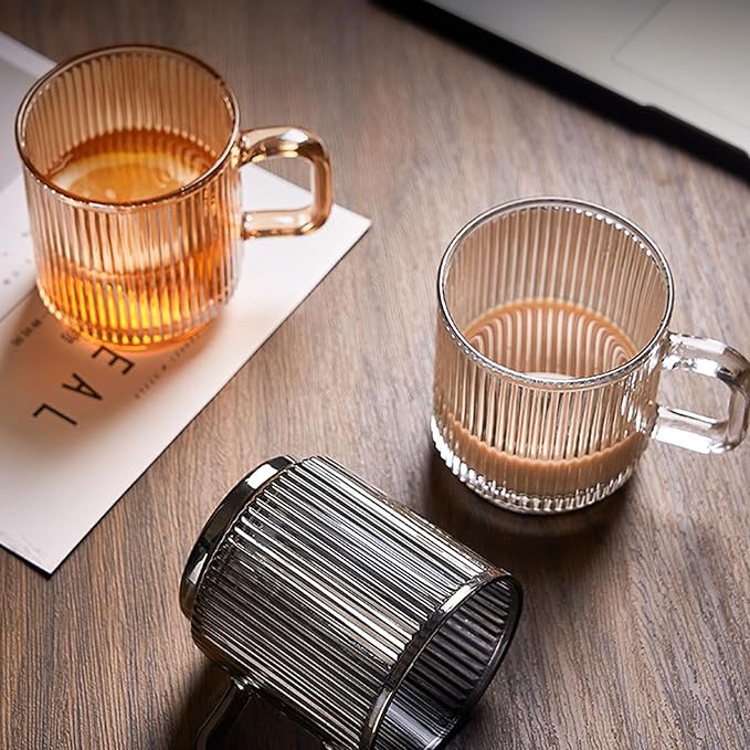 HMWEB Glass Coffee Mug Espresso Cups for Coffee 12 oz Classical Vertical Stripes Glass Tea Cups Transparent Glasses for Latte Juice Chocolate Gift