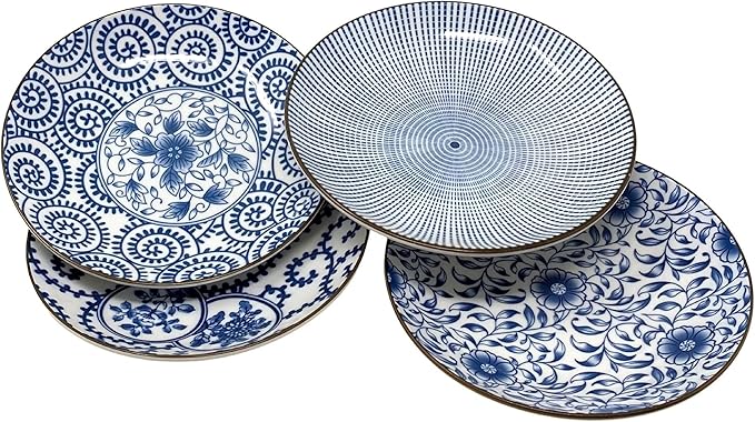 TJ Global Set of 4 Japanese Pottery Ceramic 6.8 Inch Plates for Any Meal and Dish, Japanese Dinnerware and Tableware with Traditional Blue Design