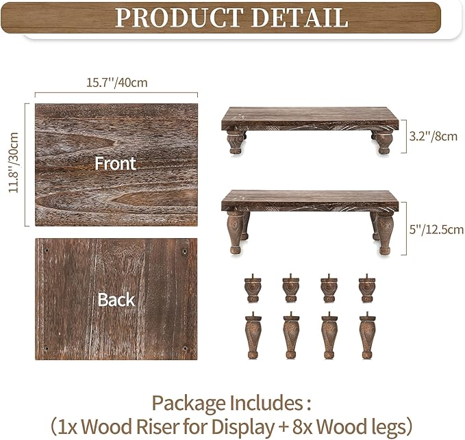 Hanobe Wooden Riser Decorative Tray: Farmhouse Wood Pedestal Display Stand Rustic Brown Tray Riser Centerpiece for Coffee Bar Kitchen Dining Room Home Table Decor, Short & Tall Footed