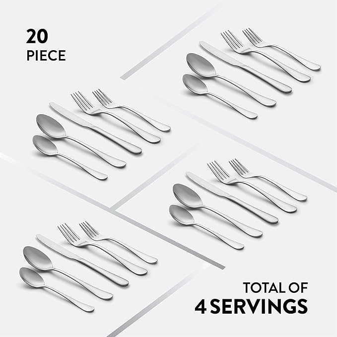 FineDine 20-Piece Stainless Steel Silverware Set - Kitchen Utensils Set Serving For 4, Cutlery Set - Flatware Set Includes Spoons, Forks & Knifes - Dishwasher Safe Stainless Steel Utensils Set