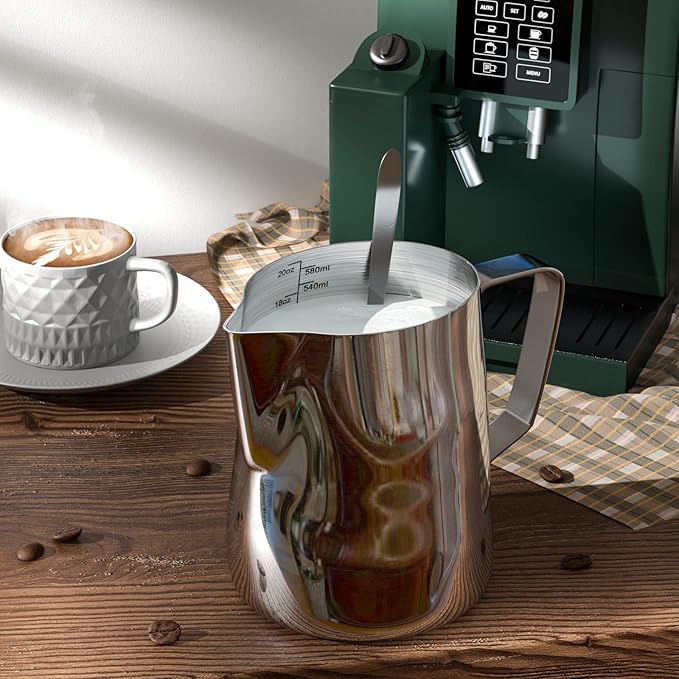 Milk Frothing Pitcher Cup, 20oz/600ML Milk Frother Cup Stainless Steel Steaming Pitcher Milk Jug Coffee Latte Art Cappuccino Espresso Machine Accessories Barista Steam Pitchers Attached Dessert Spoons