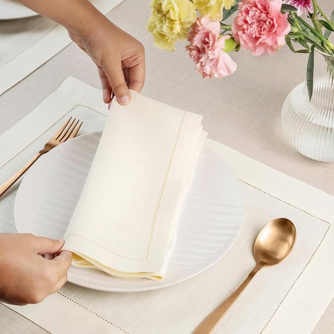 D'Moksha Homes Ivory Linen Napkins Set of 8 - Classic Hemstitch 100% Pure Linen Hemstitch Dinner Napkins 20 x 20 Inch for Winter, Christmas, Holiday, New Year - Handcrafted and Machine Washable
