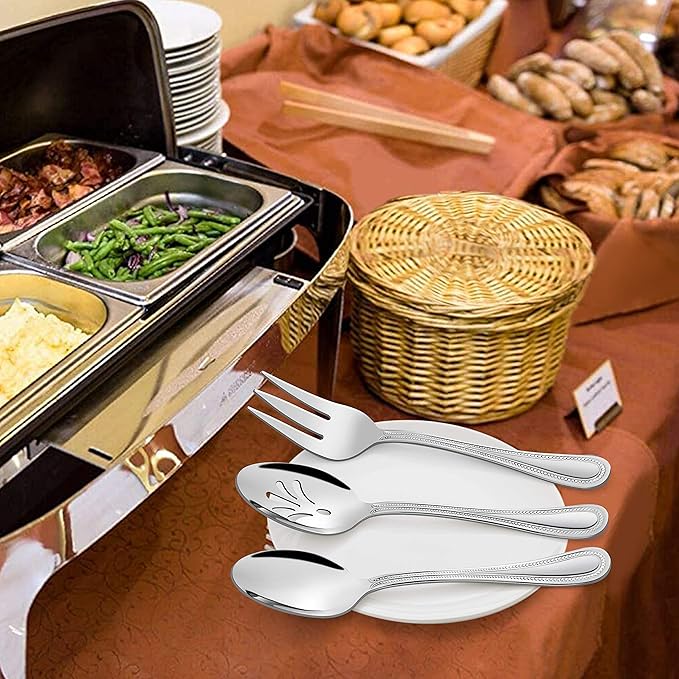 HaWare Serving Utensils, 5 Pieces Stainless Steel Silverware Set, Pearled Edge Hostess Flatware for Buffet Party Kitchen Restaurant, Mirror Finished & Dishwasher Safe